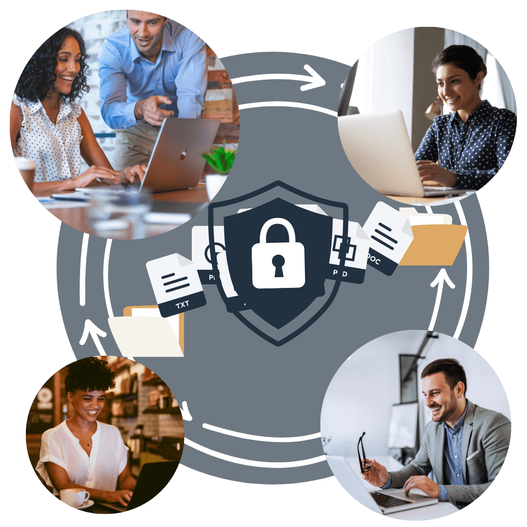 Happy co-workers sharing files securely